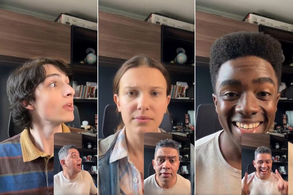 Captura de un vídeo generado por IA que muestra a actores de Stranger Things imitando gestos humanos mediante Kling 2.6.