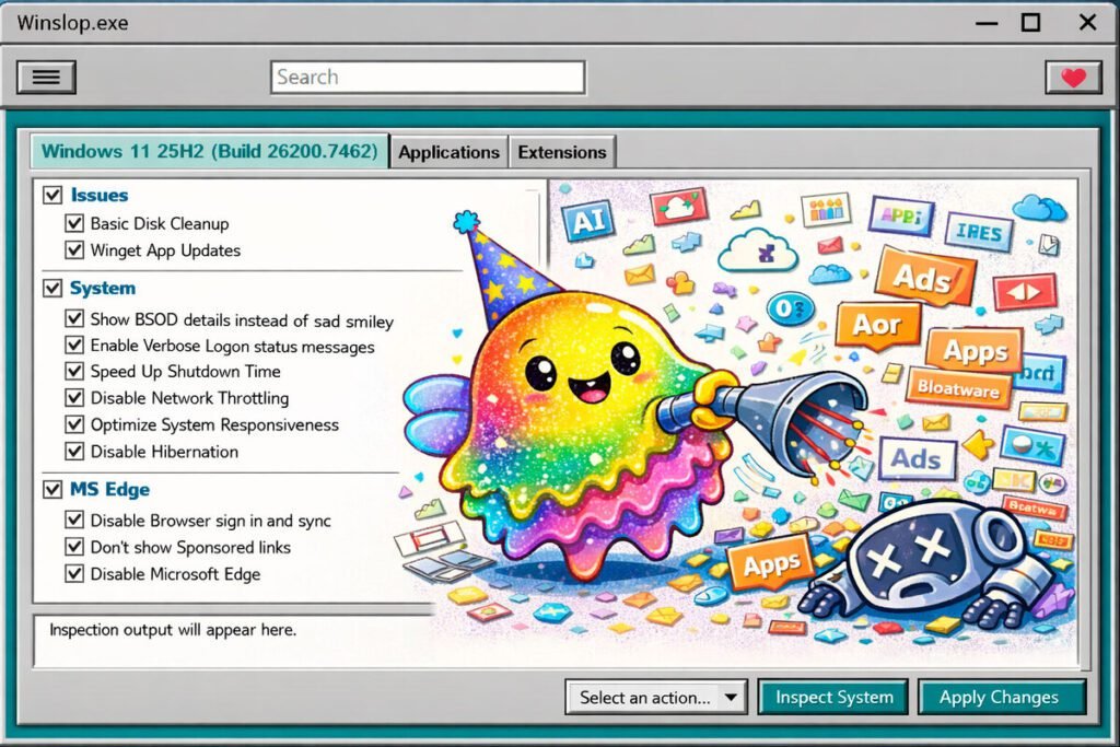 Interfaz de la aplicación de código abierto Winslop configurada para eliminar la IA de Windows 11.