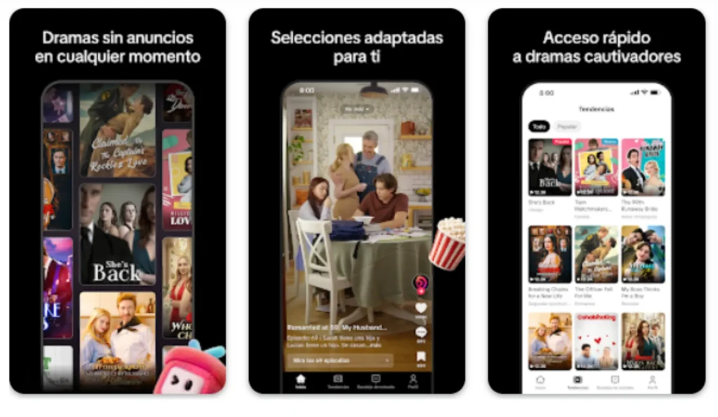 Interfaz de la aplicación PineDrama mostrando el formato de microdramas vertical en un smartphone moderno.