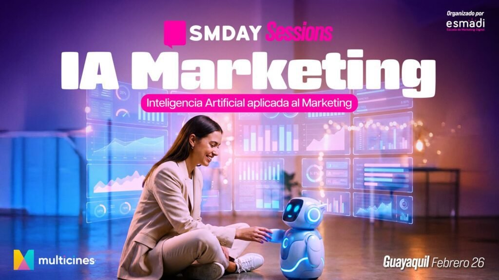 Profesionales analizando la Inteligencia Artificial en marketing durante el evento inmersivo de ESMADI en el cine.