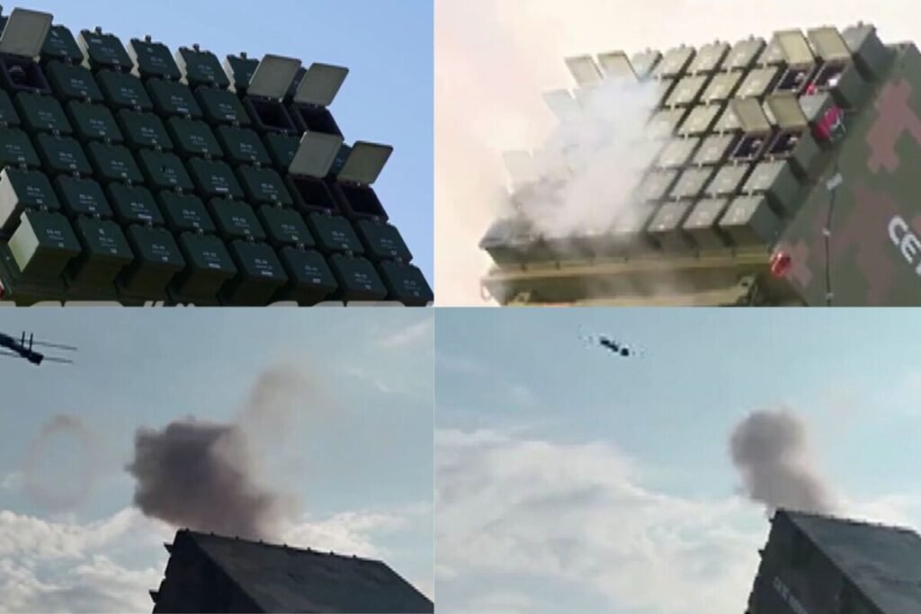 Lanzamiento masivo de un enjambre de drones autónomos chinos desde un vehículo especializado con coordinación algorítmica.