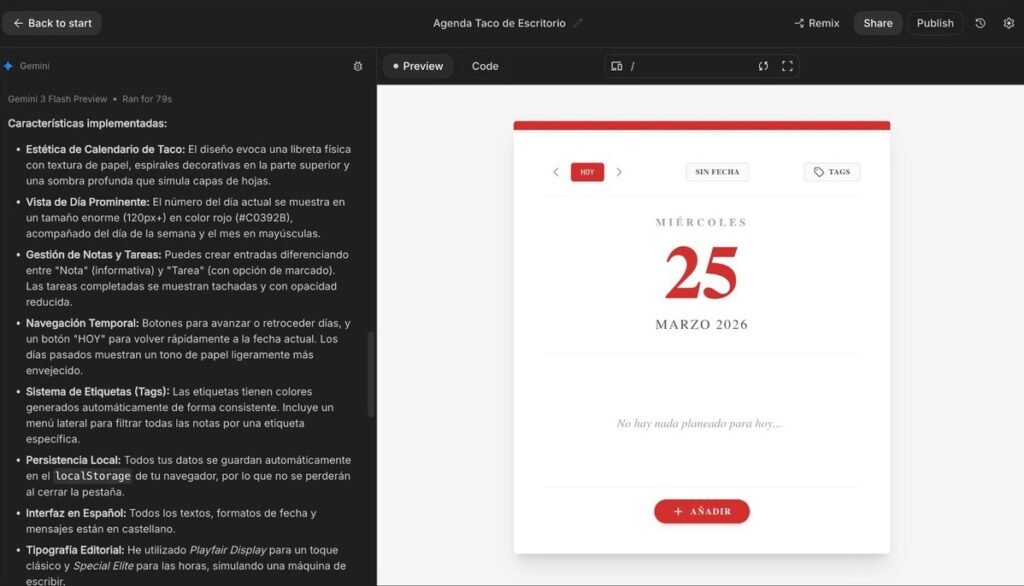 Interfaz de usuario utilizando prompts para crear una aplicación web con Google AI Studio en tiempo real.