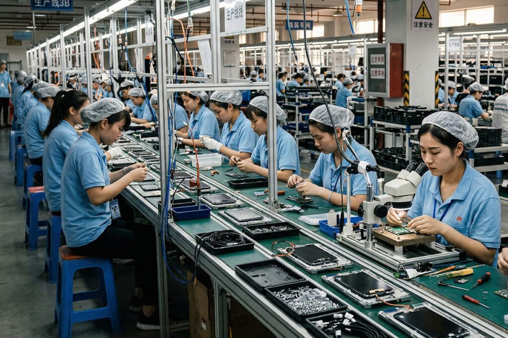 Planta de producción de alta tecnología de la industria manufacturera de China operando en Dongguan.
