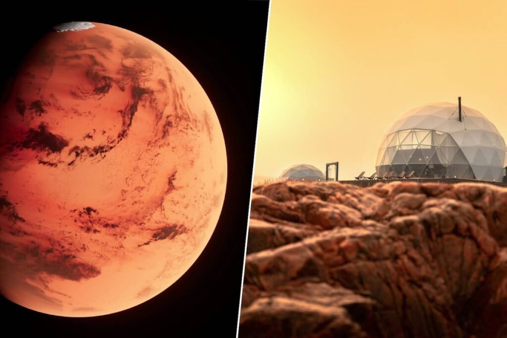 Representación artística de la evolución de los humanos nacidos en Marte mostrando cambios en la densidad ósea y color de piel.