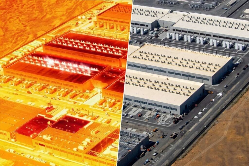 Mapa térmico infrarrojo capturando el efecto de la isla de calor de los centros de datos en la región de Aragón.
