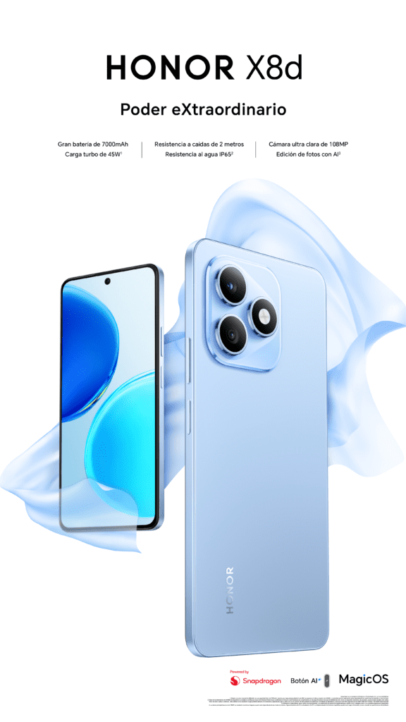 Nuevo smartphone HONOR X8d con IA mostrando su diseño ultra delgado y pantalla OLED vibrante.