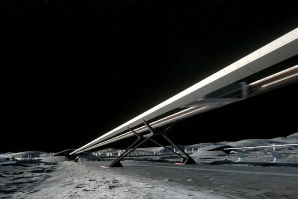 Representación artística de una pista aceleradora con electroimanes que componen las catapultas electromagnéticas en la Luna.