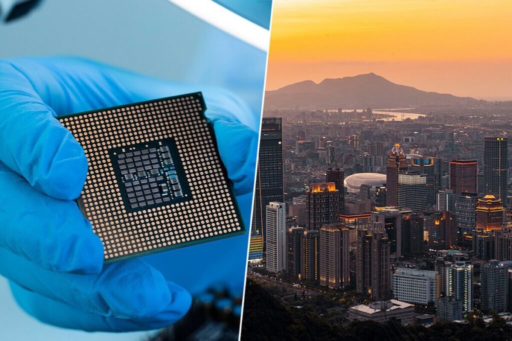 Primer plano de una línea de producción robotizada ensamblando supercomputadoras de IA que evidencia la dependencia tecnológica de Taiwán.