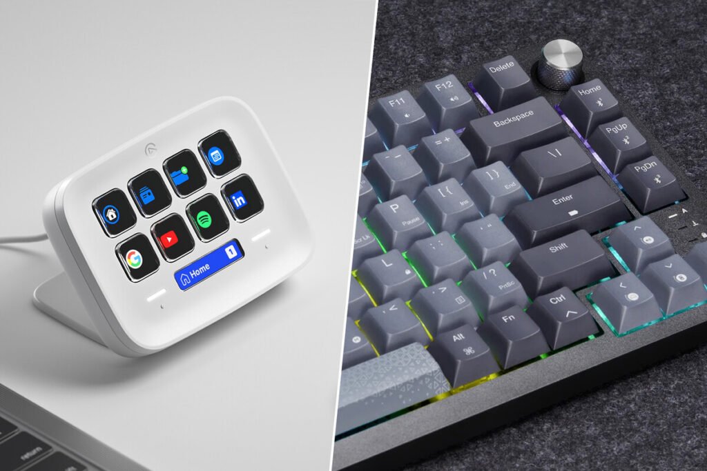 Conjunto de accesorios tecnológicos sobre un escritorio de madera, destacando los periféricos Corsair y Elgato para productividad.