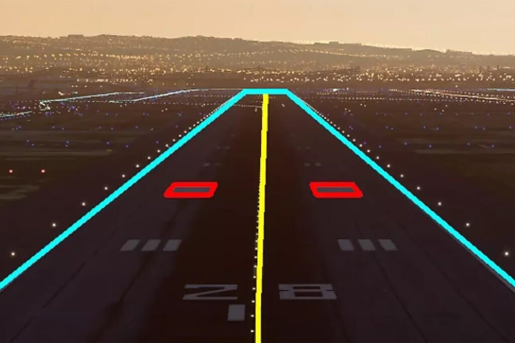 Cámara de alta definición integrada en el fuselaje de un avión comercial probando una tecnología de IA para asistir el aterrizaje.