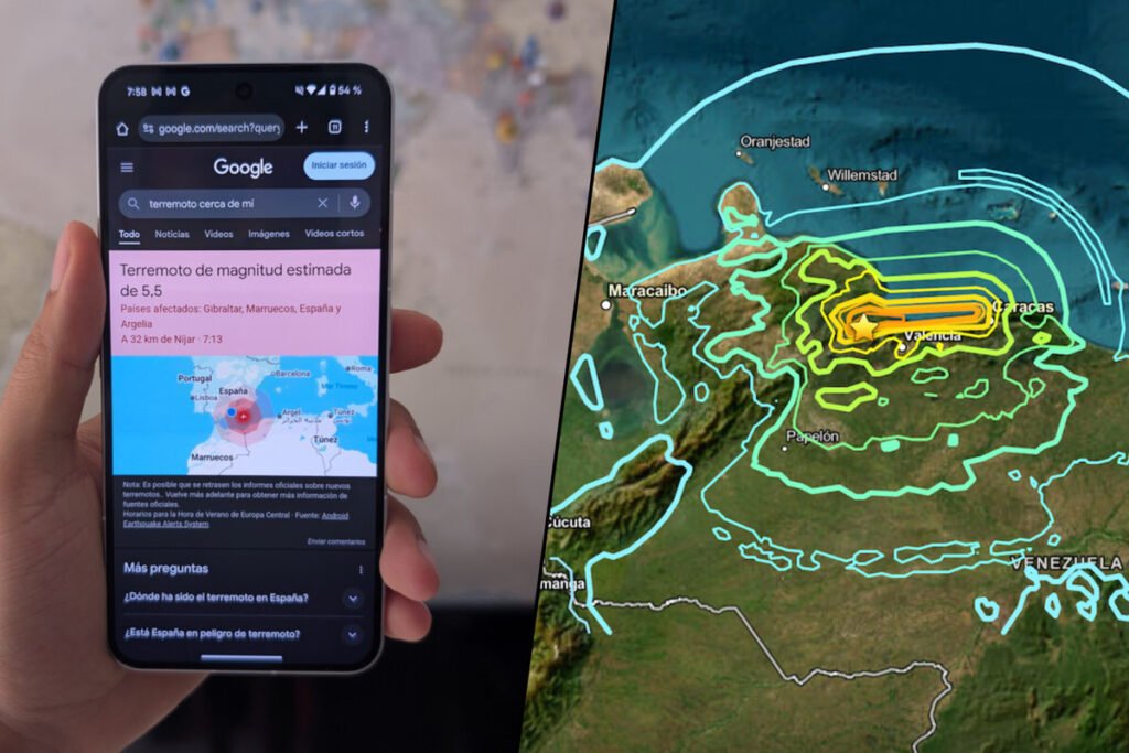 Teléfono inteligente mostrando un aviso de emergencia en pantalla de color rojo durante un terremoto, ilustrando el sistema de alertas de seísmos de Google.