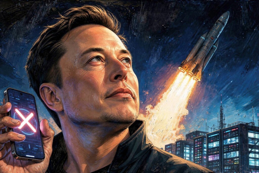 Cohete Falcon 9 en la plataforma de lanzamiento con indicadores financieros digitales superpuestos que ilustran la salida a bolsa de SpaceX.