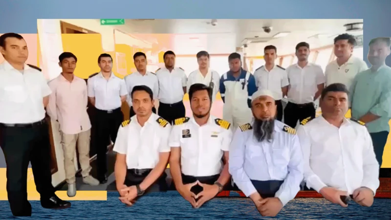 Buque comercial Banglar Joyjatra varado en el puerto de Sharjah debido al bloqueo del estrecho de Ormuz.