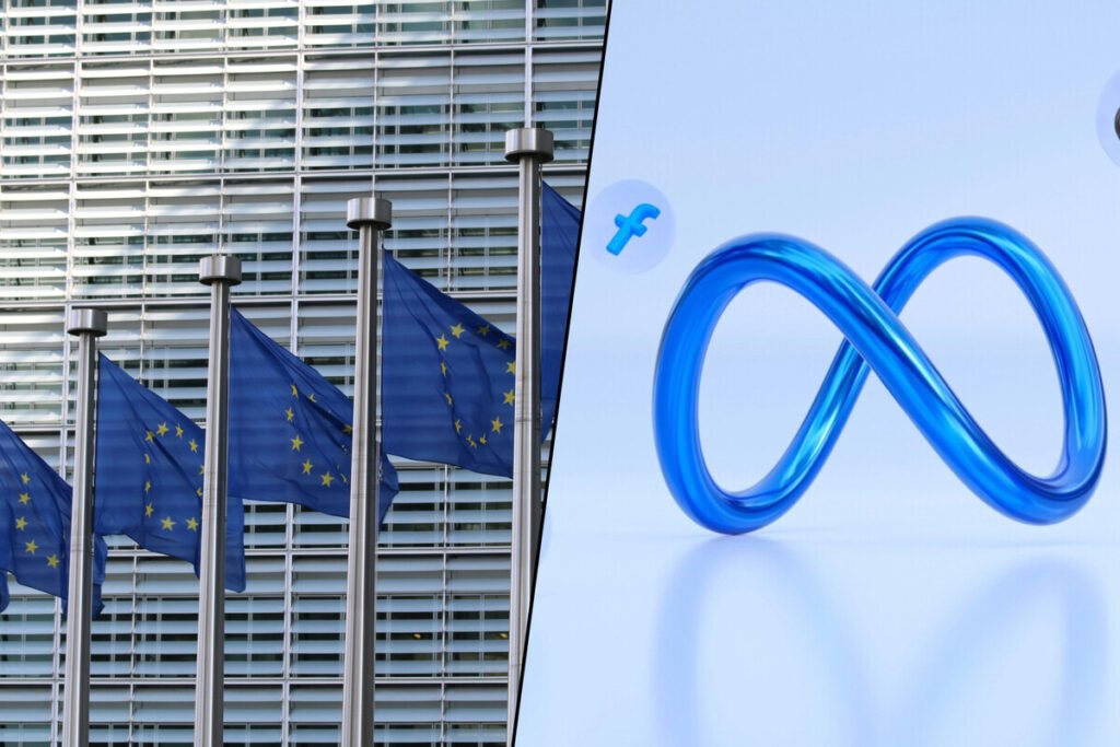 Logotipos de las aplicaciones móviles Instagram y Facebook distorsionados con un candado digital de la Comisión Europea, representando la investigación sobre el diseño adictivo de Instagram y Facebook.