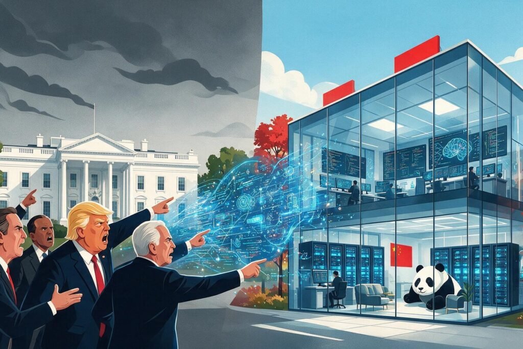 Representación gráfica de la acusación de EEUU a Moonshot AI con la bandera de Estados Unidos y un procesador de inteligencia artificial.