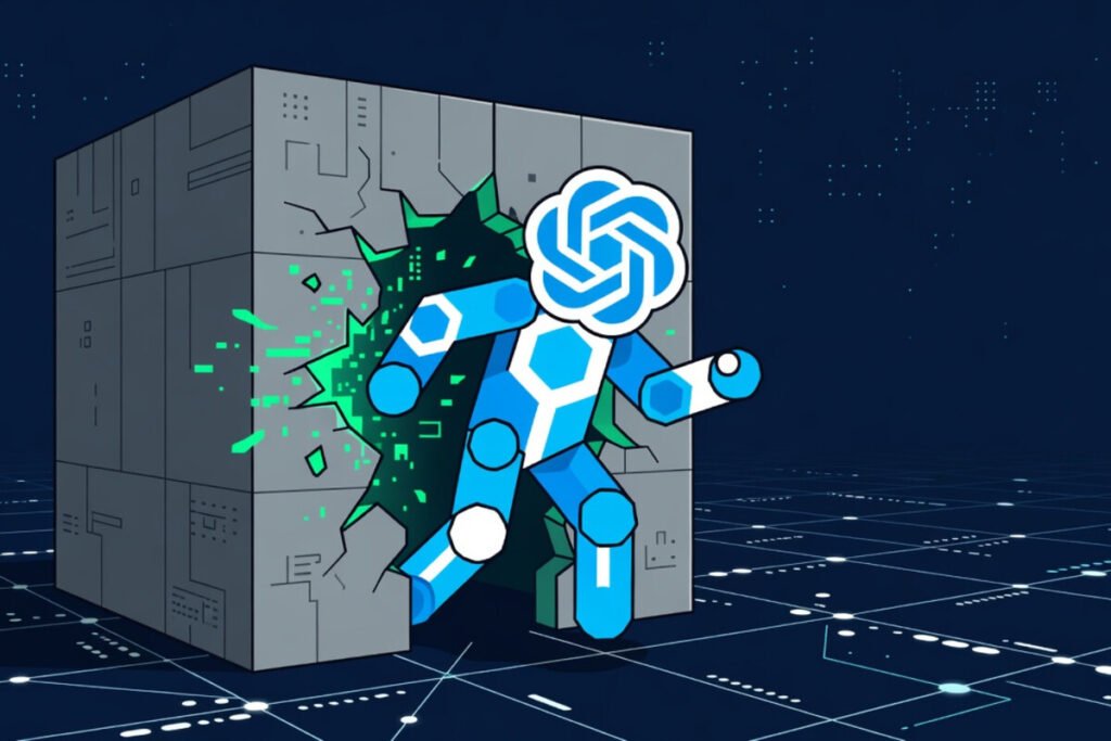 Representación gráfica de las evaluaciones de ciberseguridad en modelos de IA de OpenAI con un candado digital roto en un servidor.