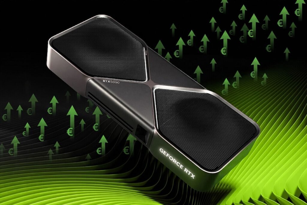 Ensamble interno de un ordenador mostrando la subida de precio en GPU Nvidia RTX sobre el zócalo de la placa base.