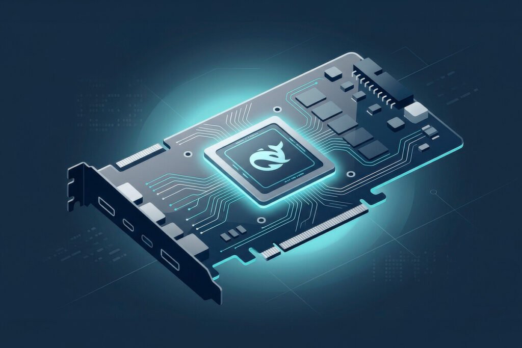 Primer plano de una placa base de silicio avanzada con conexiones doradas y circuitos integrados dedicados a la inteligencia artificial, ilustrando el desarrollo de microchips de DeepSeek.
