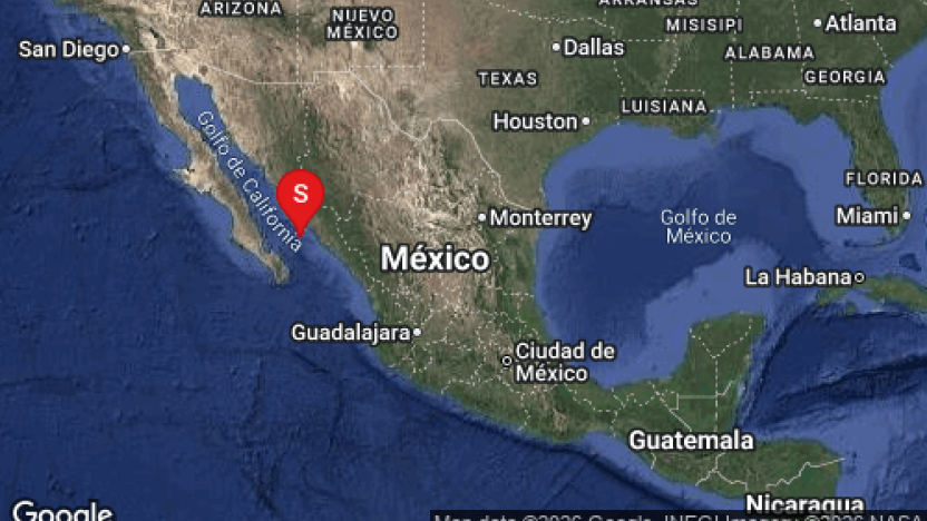 Mapa de sismicidad del Servicio Sismológico Nacional detallando el epicentro del sismo en el noroeste de México cerca de Guasave, Sinaloa.