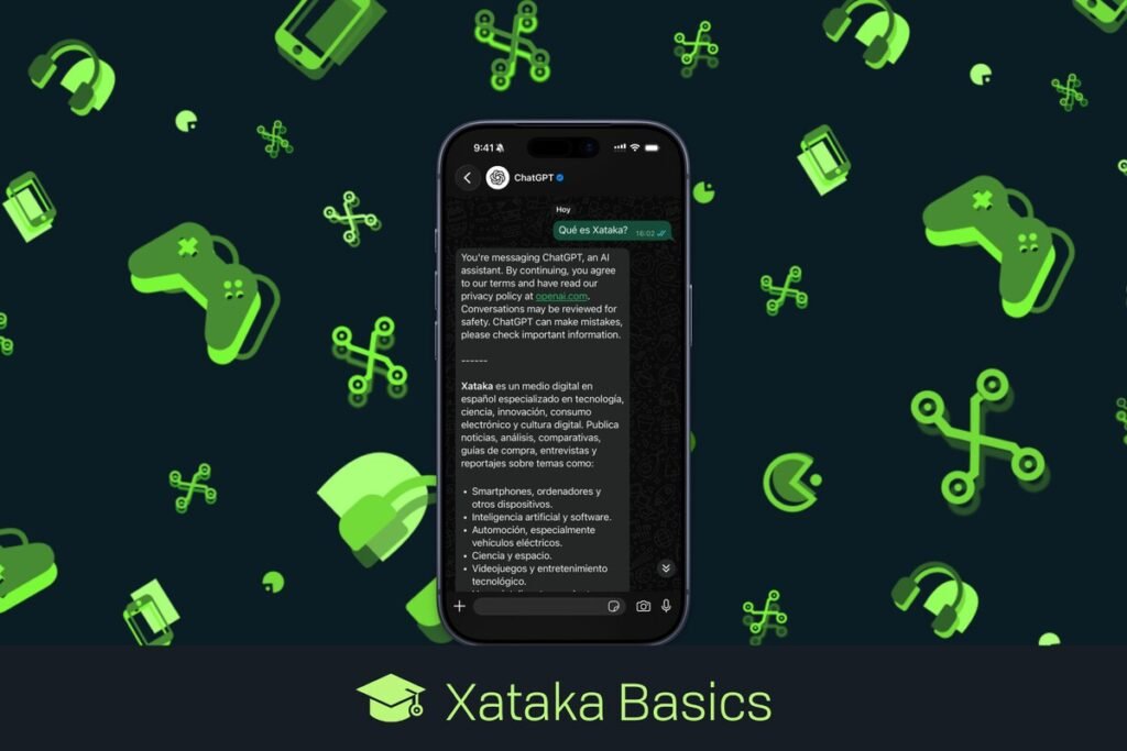 Pantalla de un teléfono inteligente mostrando un chat activo con el perfil verificado de ChatGPT dentro de la aplicación WhatsApp, ilustrando cómo usar ChatGPT en WhatsApp.