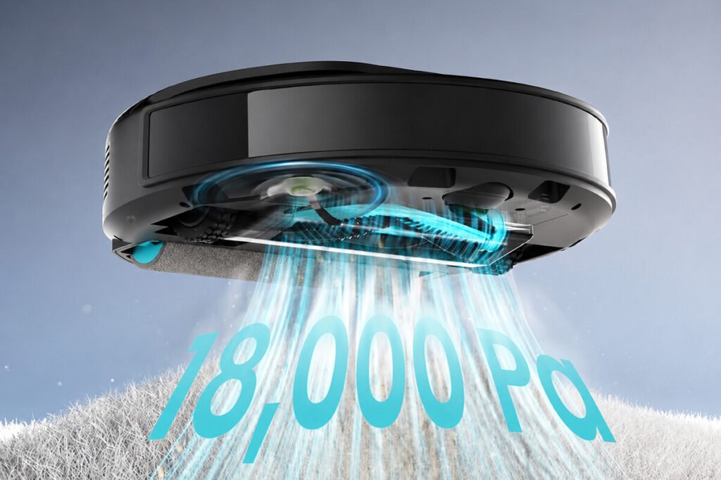 Vista superior del robot aspirador Lefant M5 Pro regresando a su base de autovaciado inteligente en un salón de corte moderno.