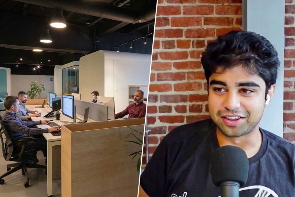 Joven ejecutivo Daksh Gupta hablando frente a un micrófono de estudio durante una entrevista sobre la jornada 996 y la cultura de las startups.