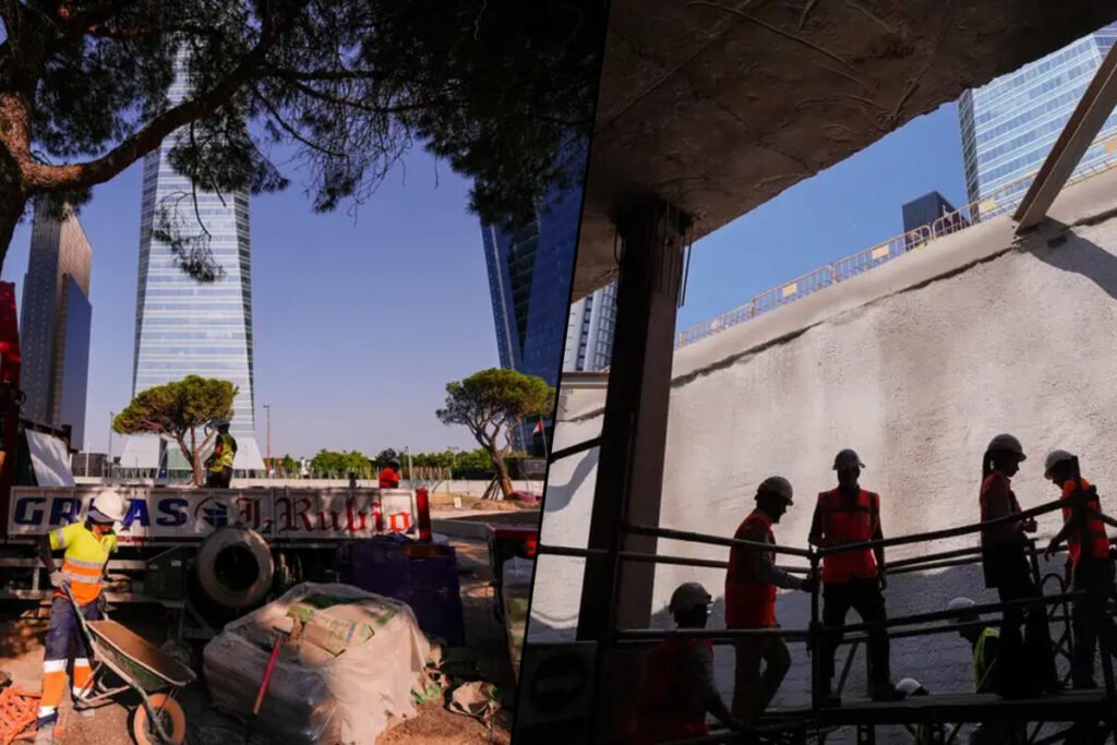 Obreros trabajando en la excavación subterránea del nuevo túnel de la Castellana bajo el paseo madrileño.