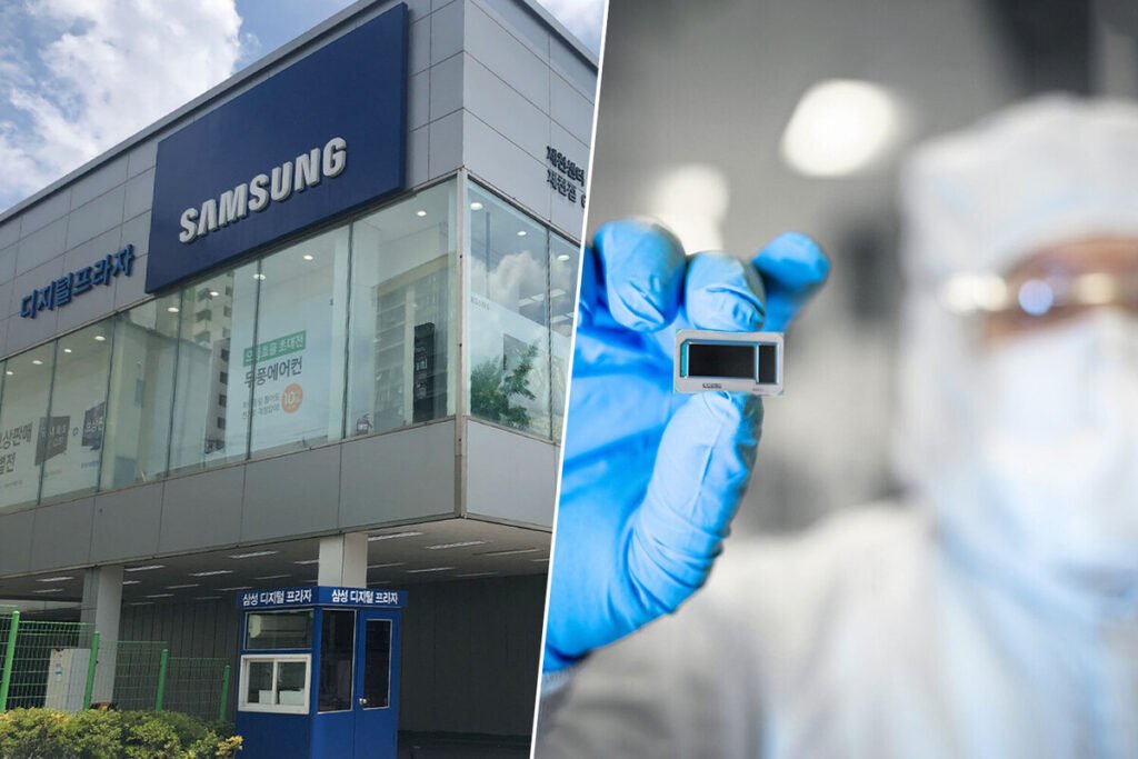 Primer plano de una oblea de silicio de última generación que muestra la arquitectura de los chips de IA de Samsung.
