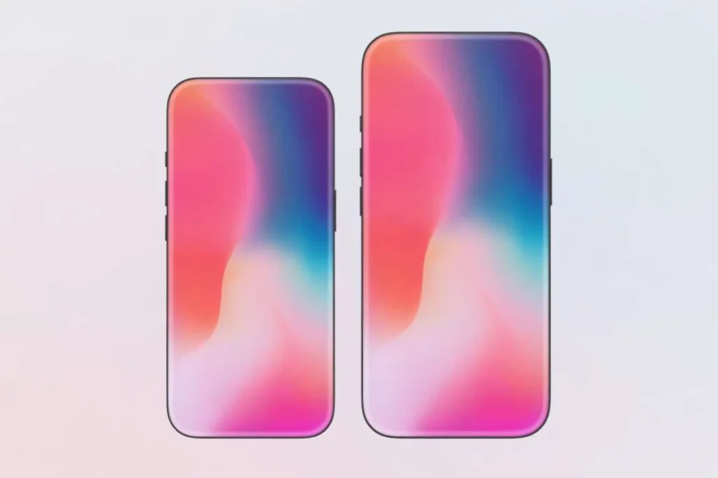 Render mostrando el frontal de la nueva pantalla del iPhone 20 aniversario con diseño sin marcos.