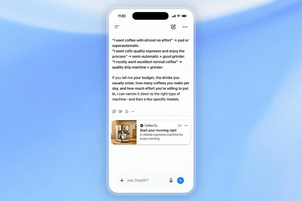 Interfaz web de ChatGPT con anuncios en España mostrando bloques patrocinados bajo las respuestas del modelo.