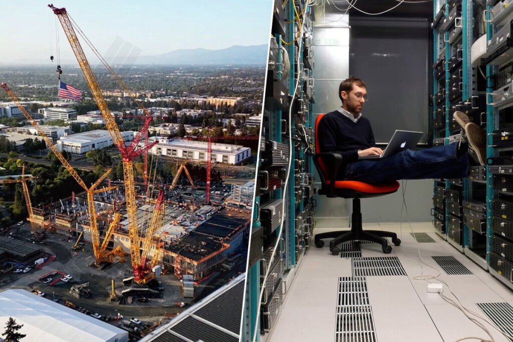 Racks de servidores e instalación de chips de IA de Microsoft en un centro de datos en construcción.