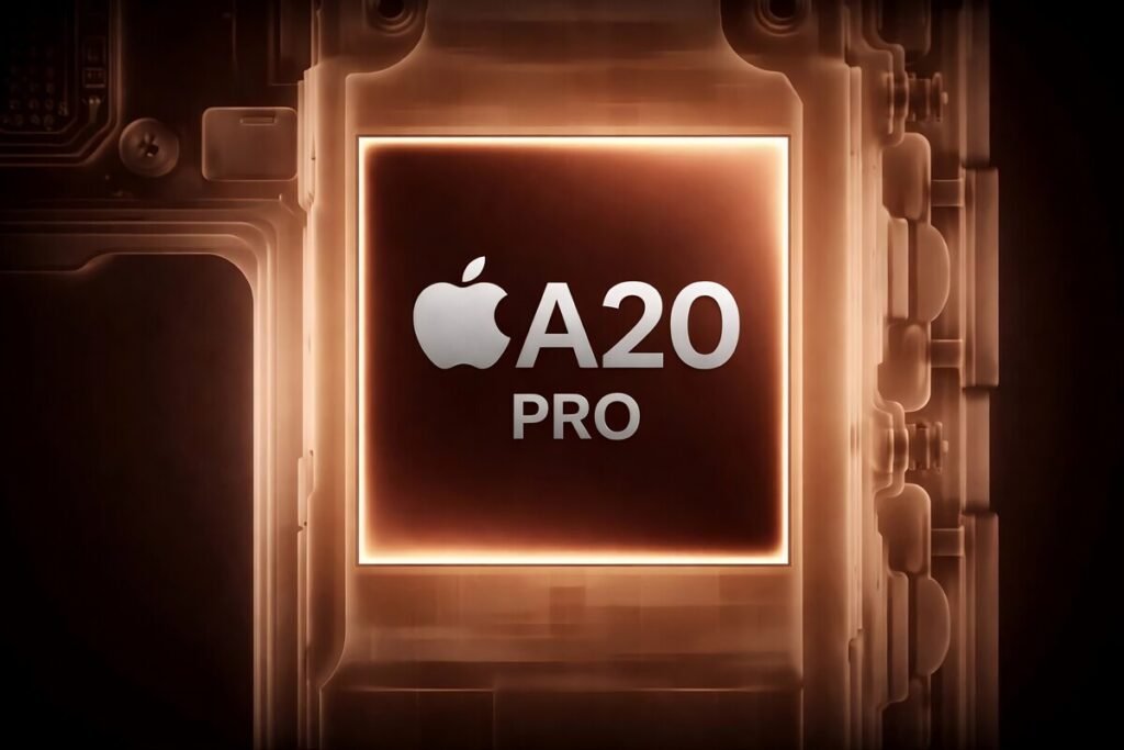 Diagrama técnico del nuevo procesador Apple A20 Pro para telefonía móvil.