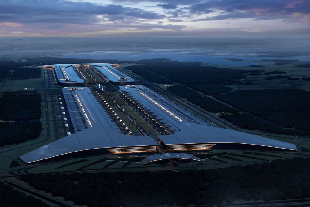 Render arquitectónico y obras iniciales de la fábrica de chips Terafab en el estado de Texas.