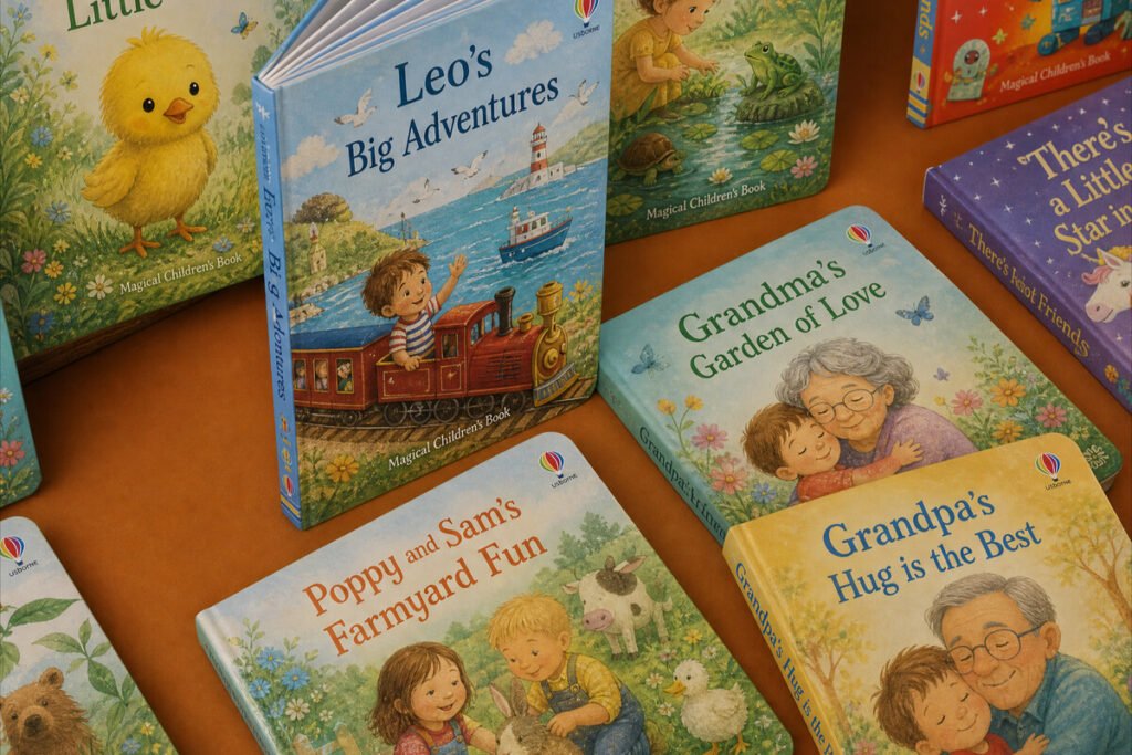 Libro abierto mostrando ilustraciones de libros infantiles personalizados con IA junto a un dispositivo digital.