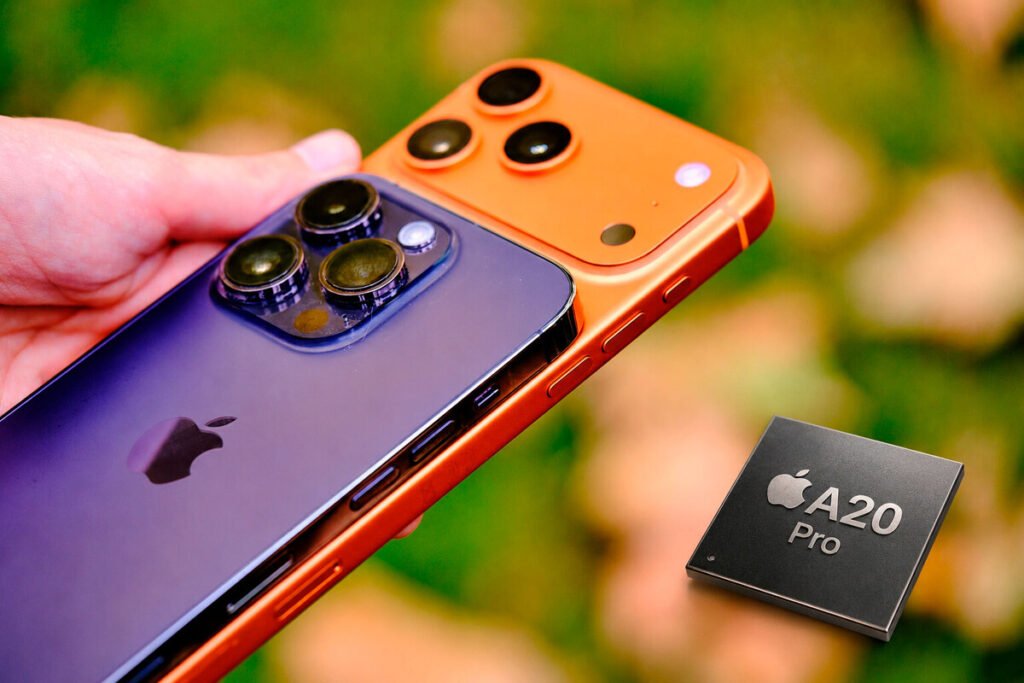 Línea de producción de semiconductores representando la paralización de los procesadores A20 Pro de Apple en las instalaciones de TSMC.