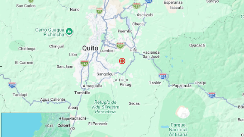 Mapa de monitoreo sísmico tras el temblor en Quito hoy con epicentro cerca de Sangolquí.