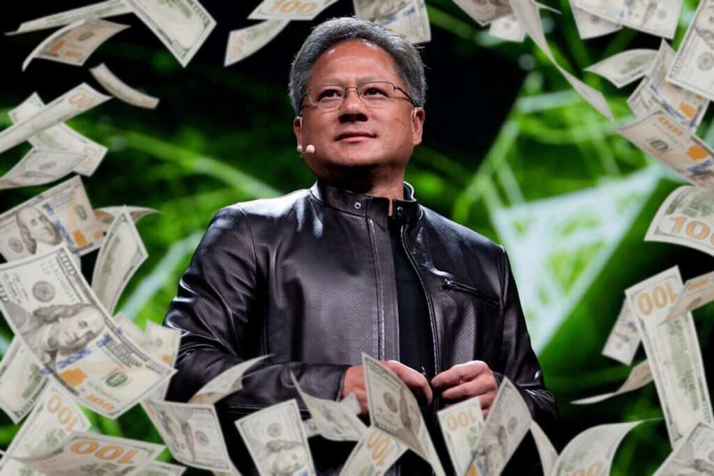 Jensen Huang ofreciendo un discurso sobre las declaraciones de Jensen Huang sobre la burbuja de la IA en un evento tecnológico.