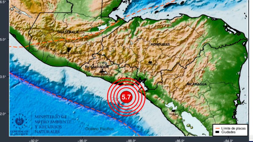 Mapa sismologico mostrando el epicentro submarino durante el temblor en El Salvador