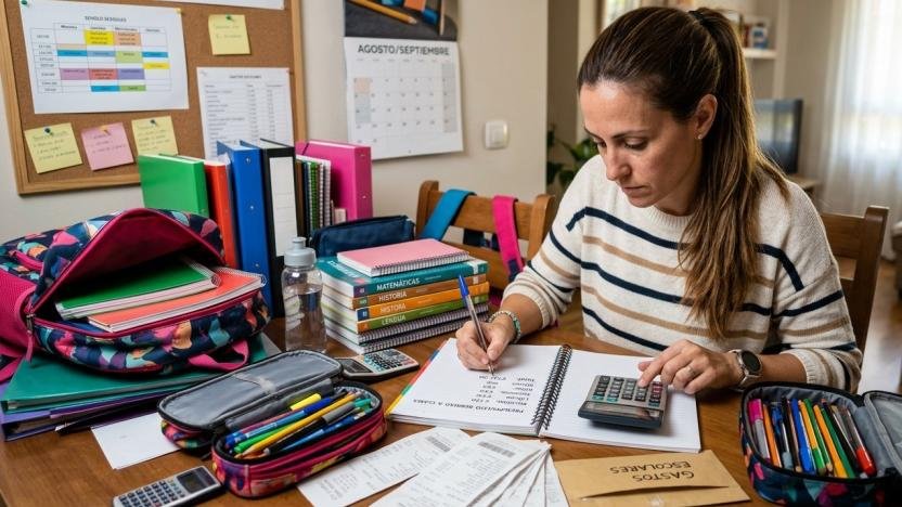 Padres de familia comprando útiles aplicando estrategias de ahorro en los gastos escolares en Ecuador.