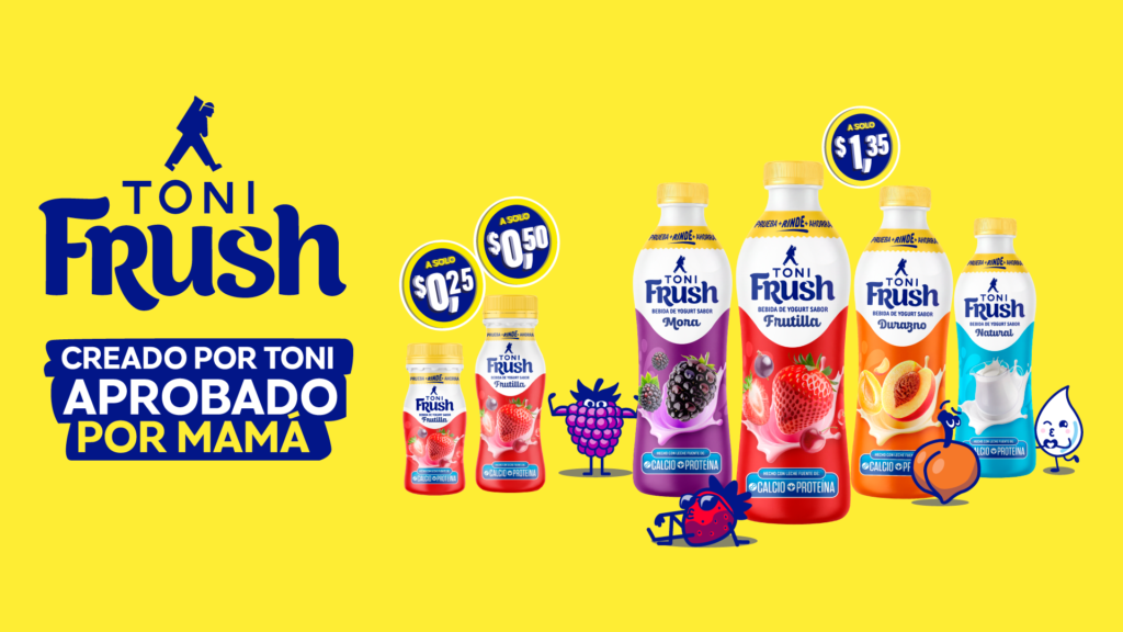 Presentaciones de la bebida de yogur Toni Frush destacando la propuesta de nutrición asequible en Ecuador.