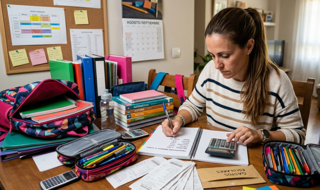 Familia organizando materiales escolares mientras revisa consejos financieros clave para el regreso a clases