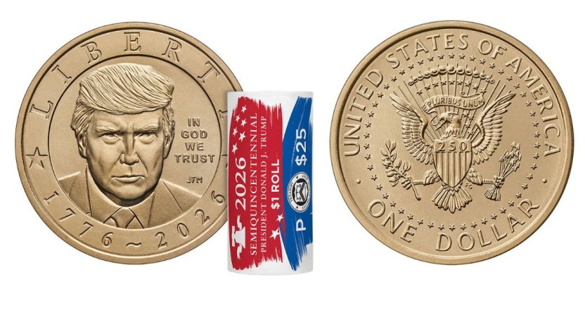 Anverso y reverso de la moneda Donald Trump de un dólar conmemorativa de Estados Unidos.