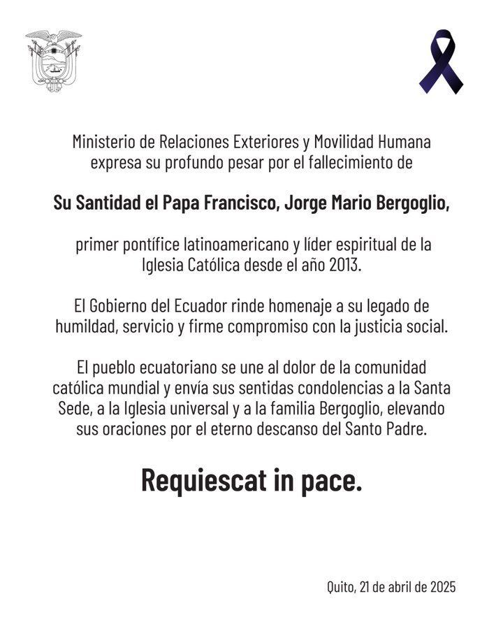 Ecuador rinde homenaje al Papa Francisco