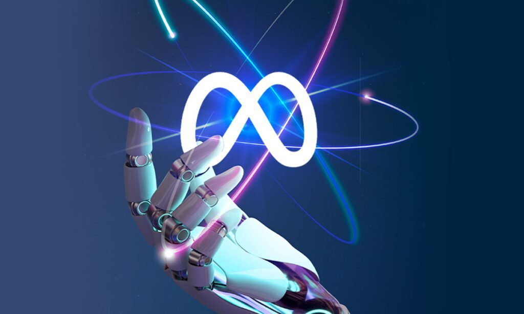 Imagen de la sede de Meta con gráficos sobre inteligencia artificial y Scale AI