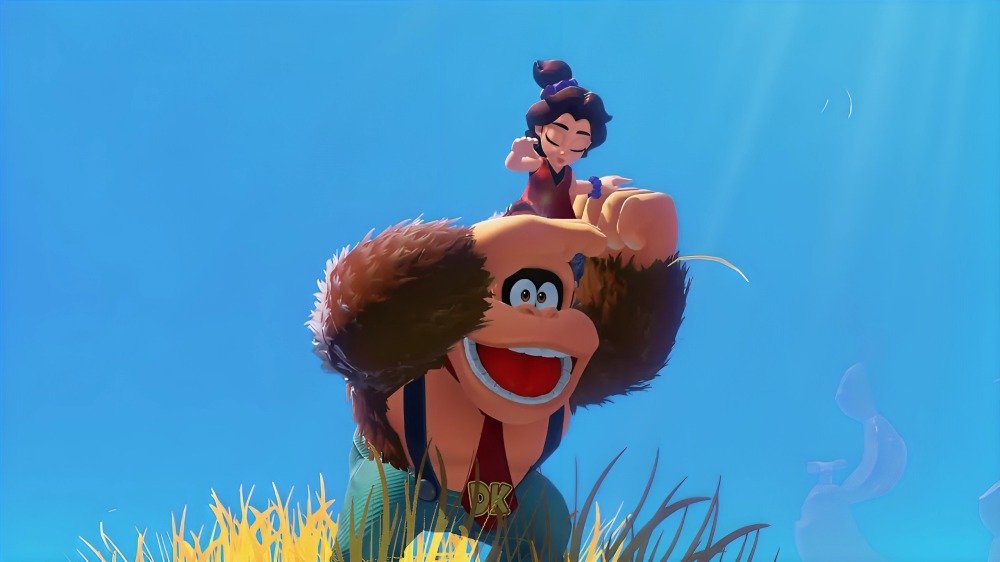 Pauline y Donkey Kong combatiendo juntos en Donkey Kong Bananza, usando habilidades musicales especiales