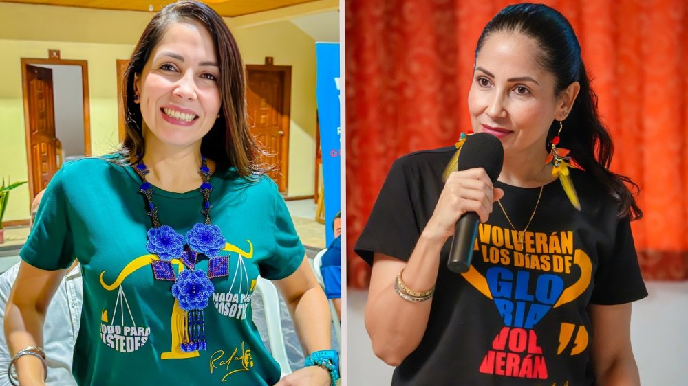 Luisa González y Correa intensifican su vínculo político. La dirigenta usa camisetas con frases del exmandatario en su gira por Ecuador.