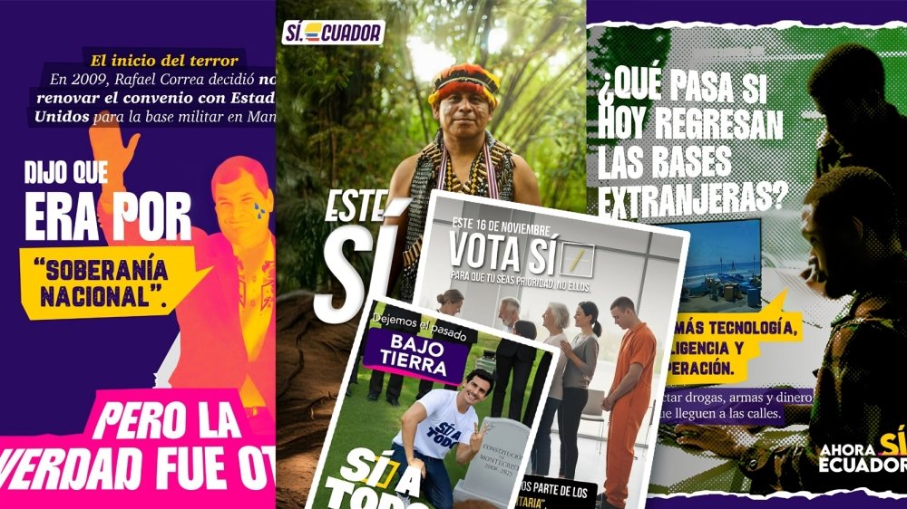 Pantalla de celular mostrando anuncios políticos de consulta popular 2025 y referendo en Ecuador en redes sociales META