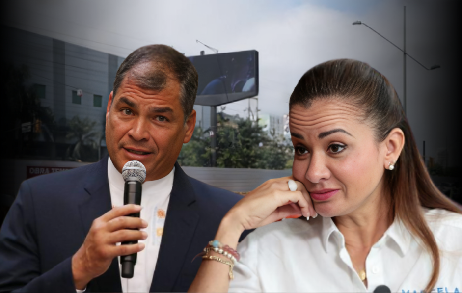 Fotografías de Rafael Correa y Marcela Aguiñaga mostradas en una composición que ilustra el enfrentamiento político
