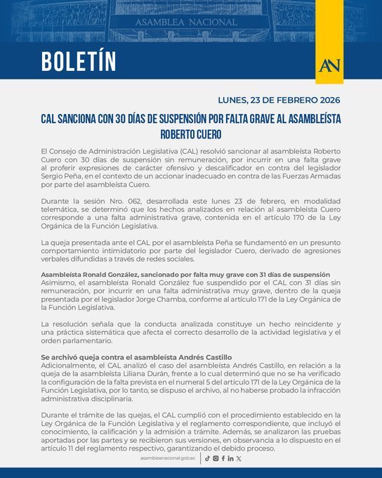 CAL suspende a los asambleístas