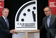 El Reloj del Apocalipsis se ajusta a su punto más cercano al fin del mundo: ¿qué significa? Ilustración del Reloj del Apocalipsis (Doomsday Clock) con sus manecillas marcando 11:58:35, a 85 segundos de la medianoche.